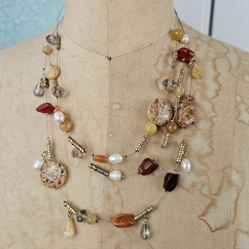 Chicos multi strand necklace with neutral toned stones pearls crystals EUC